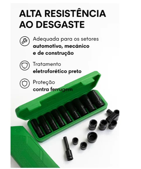 Jogo de Soquetes de Impacto Longo 1/2 10 Peças 8 A 24mm