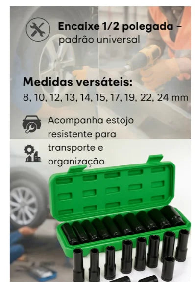Jogo de Soquetes de Impacto Longo 1/2 10 Peças 8 A 24mm