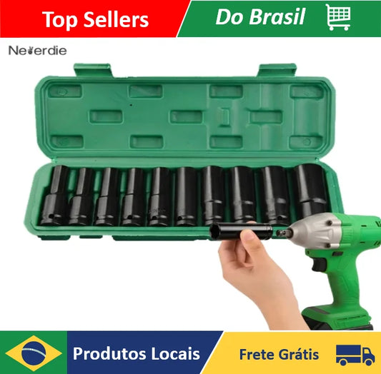 Jogo de Soquetes de Impacto Longo 1/2 10 Peças 8 A 24mm
