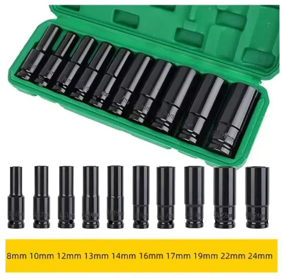 Jogo de Soquetes de Impacto Longo 1/2 10 Peças 8 A 24mm